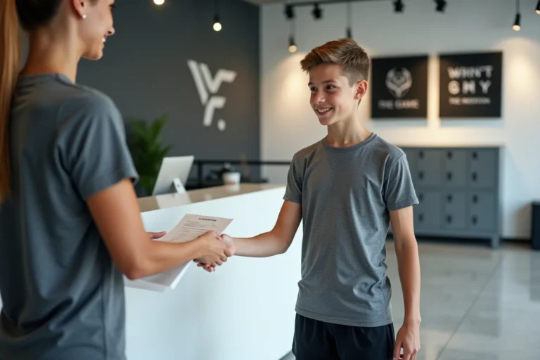 Adolescent de 15 ans s'inscrivant dans une salle de sport Basic Fit avec l'aide d'un membre du personnel à l'accueil