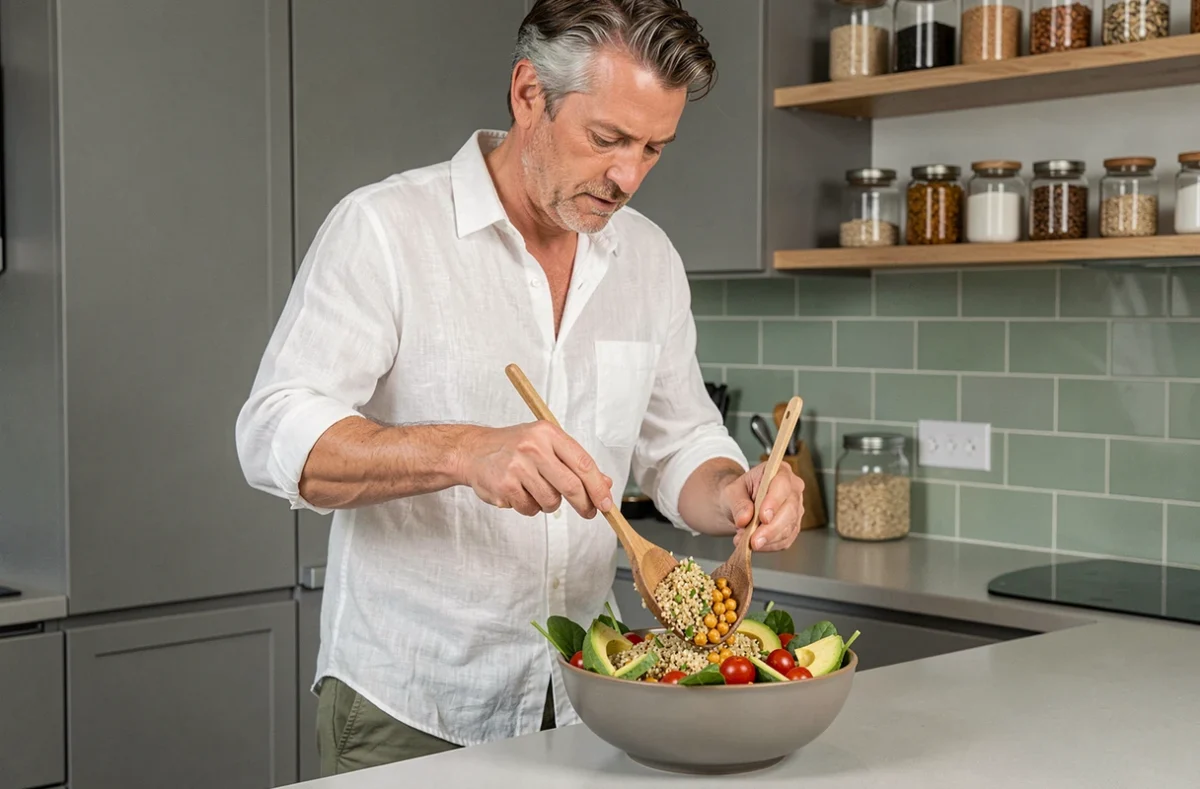 Homme préparant un repas sain et équilibré dans une cuisine moderne pour adopter une alimentation nutritive