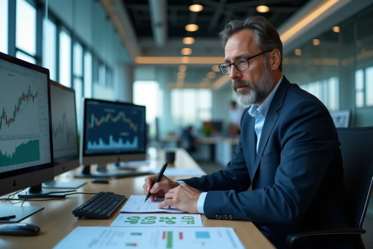 Analyste bancaire masculin en costume marine examinant des équations de calcul différentiel sur un bloc-notes dans un bureau moderne de banque avec double écran