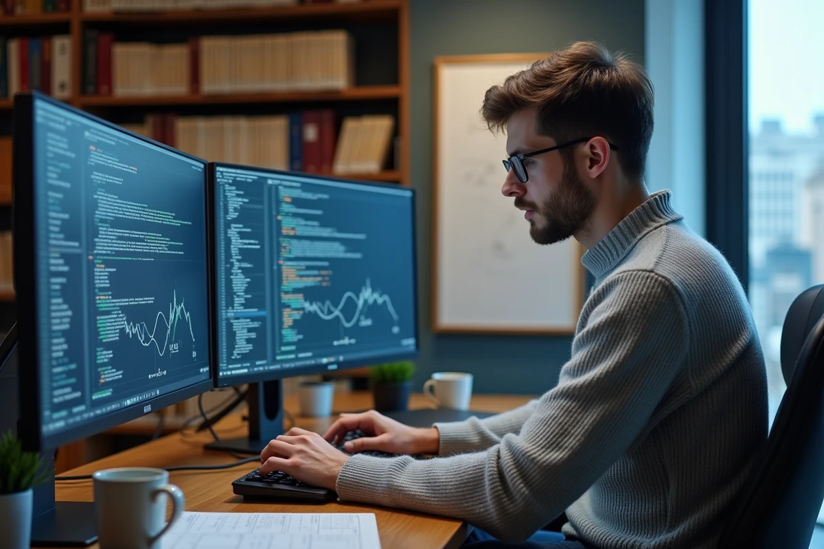 Jeune analyste quantitatif bancaire devant trois écrans affichant du code Python et des modèles de calcul différentiel dans un bureau de recherche financière