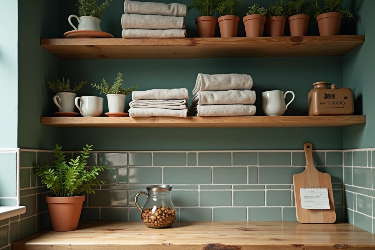 Étagères ouvertes en bois dans une cuisine urbaine avec mugs vintage, herbes en pot et torchons en lin