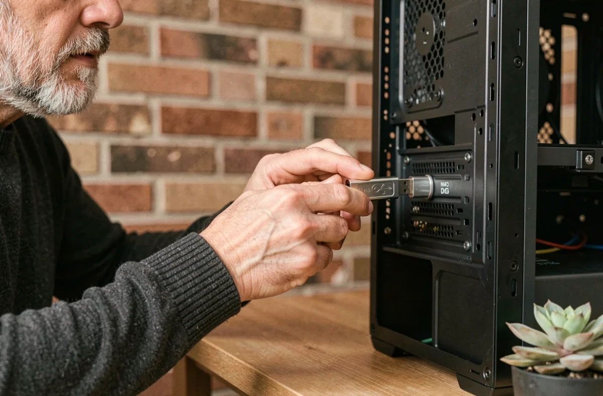 Homme insérant une clé de sécurité USB dans un ordinateur pour protéger ses données personnelles à domicile