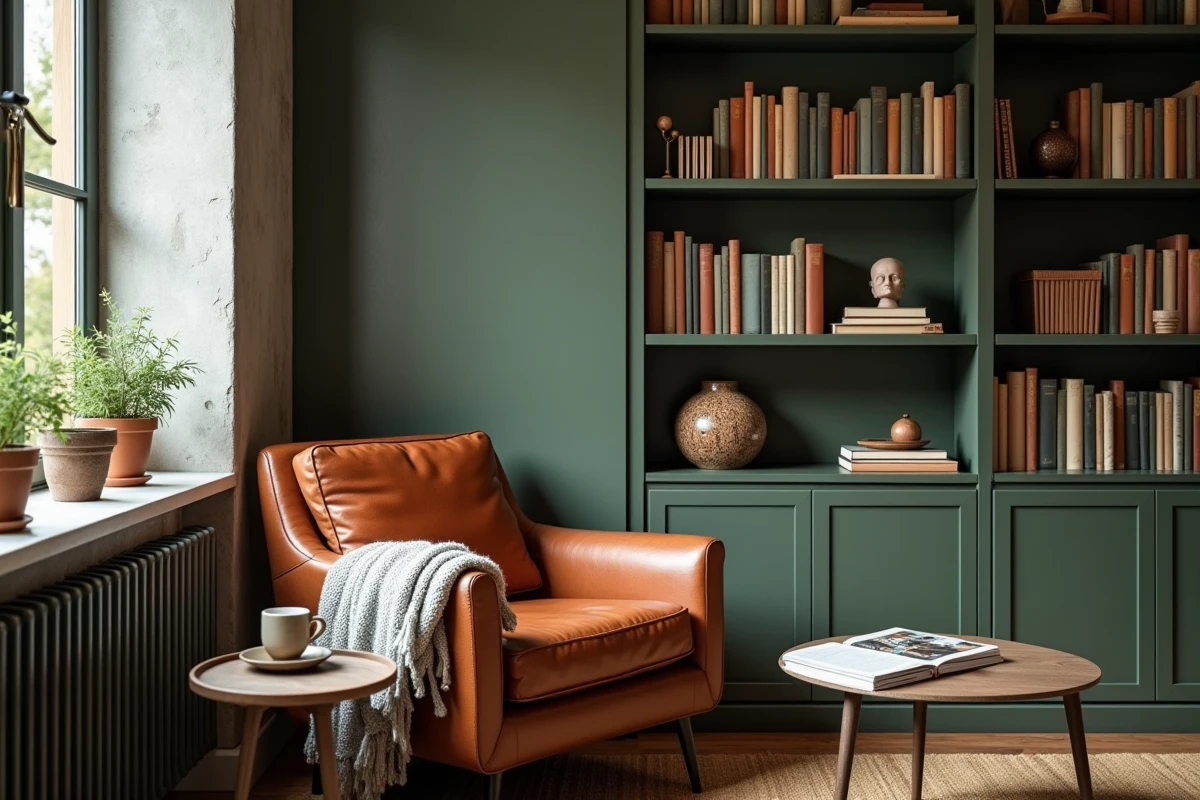 Coin lecture cosy avec fauteuil en cuir cognac, bibliothèque colorée et plaid en maille dans un salon décoré