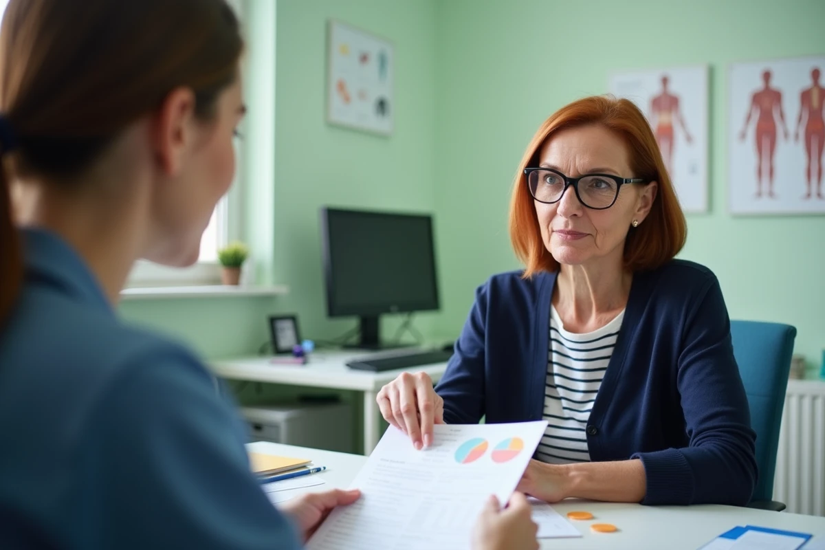 Patiente discutant des effets secondaires du Stresam avec son médecin généraliste lors d'une consultation médicale, avec une notice de médicament sur le bureau