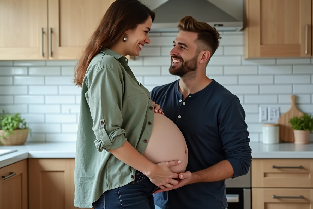Couple attendant un bébé dans la cuisine, le partenaire à genoux l'oreille posée sur le ventre de la femme enceinte