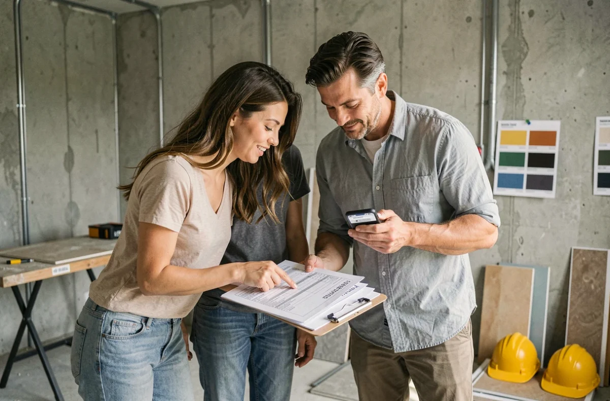 Couple examinant et comparant plusieurs devis de travaux dans une pièce en cours de rénovation
