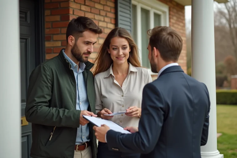 Couple avec agent immobilier devant une maison de banlieue