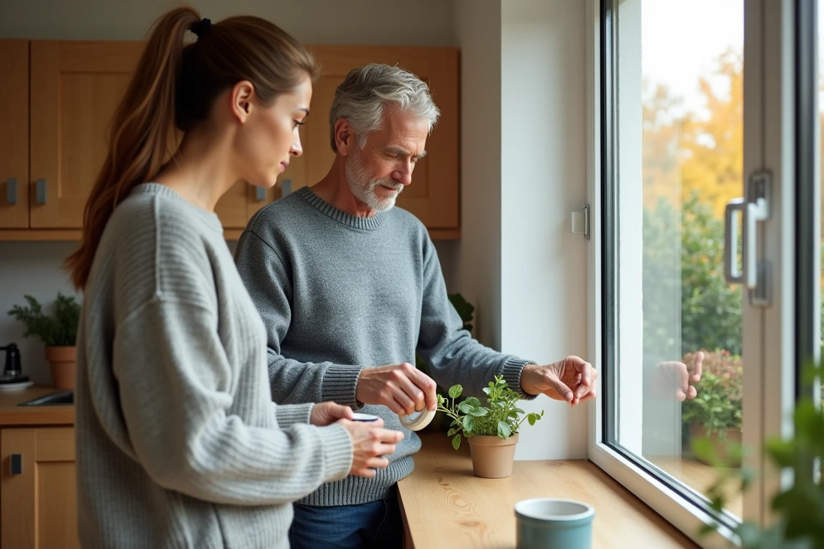Couple isolant les fenêtres de leur cuisine avec du joint d'étanchéité pour réduire les pertes de chaleur et économiser l'énergie