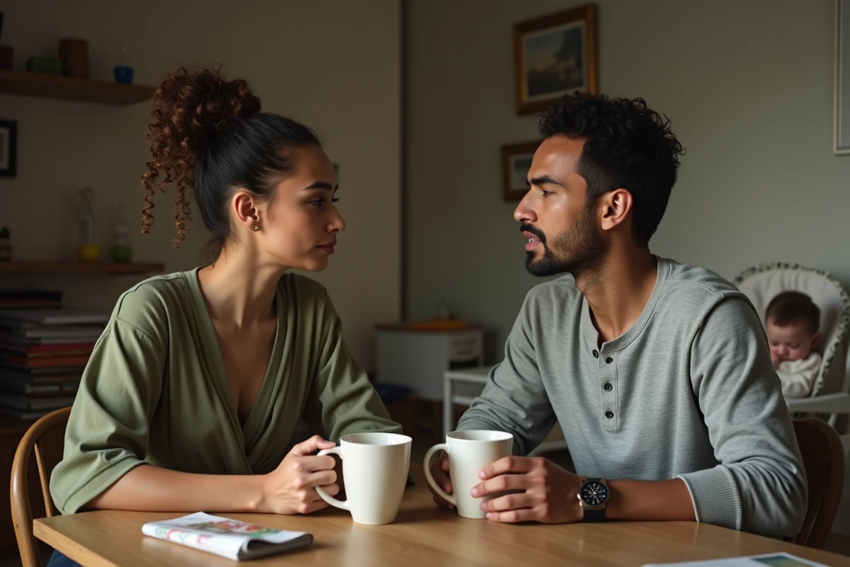 Couple de parents épuisés partageant un moment de complicité silencieuse en soirée autour d'une table, bébé endormi en arrière-plan