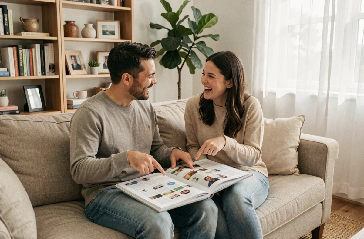 Couple jouant ensemble à un quiz culturel sur la maison dans un salon cosy