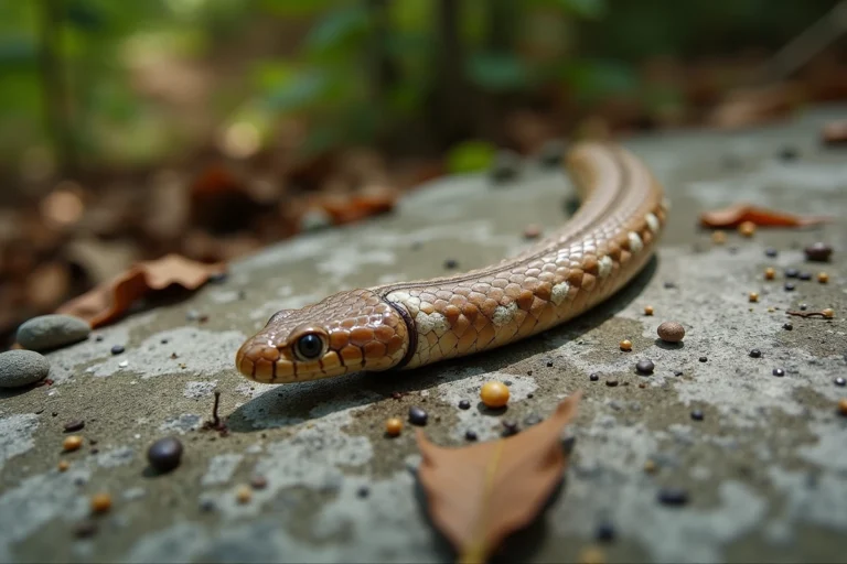 Gros plan de crottes de serpent sur un rocher plat avec dépôts d'acide urique blancs caractéristiques, entourées de feuilles sèches en milieu naturel
