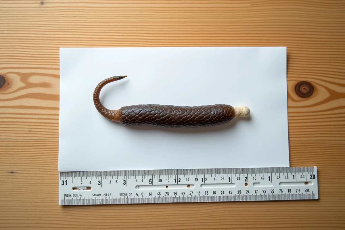 Crottes de serpent posées sur une carte de mesure scientifique blanche avec règle métrique sur une table en bois pour documentation herpétologique