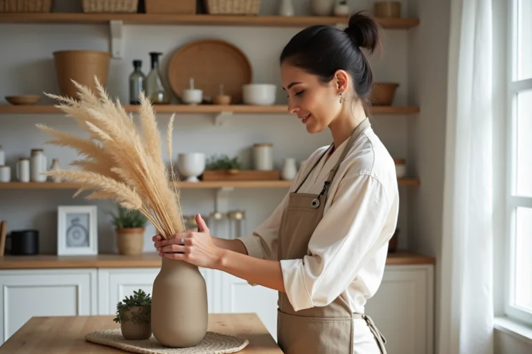 Femme arrangeant des herbes de pampa dans un vase céramique sur une console en bois dans un salon scandinave