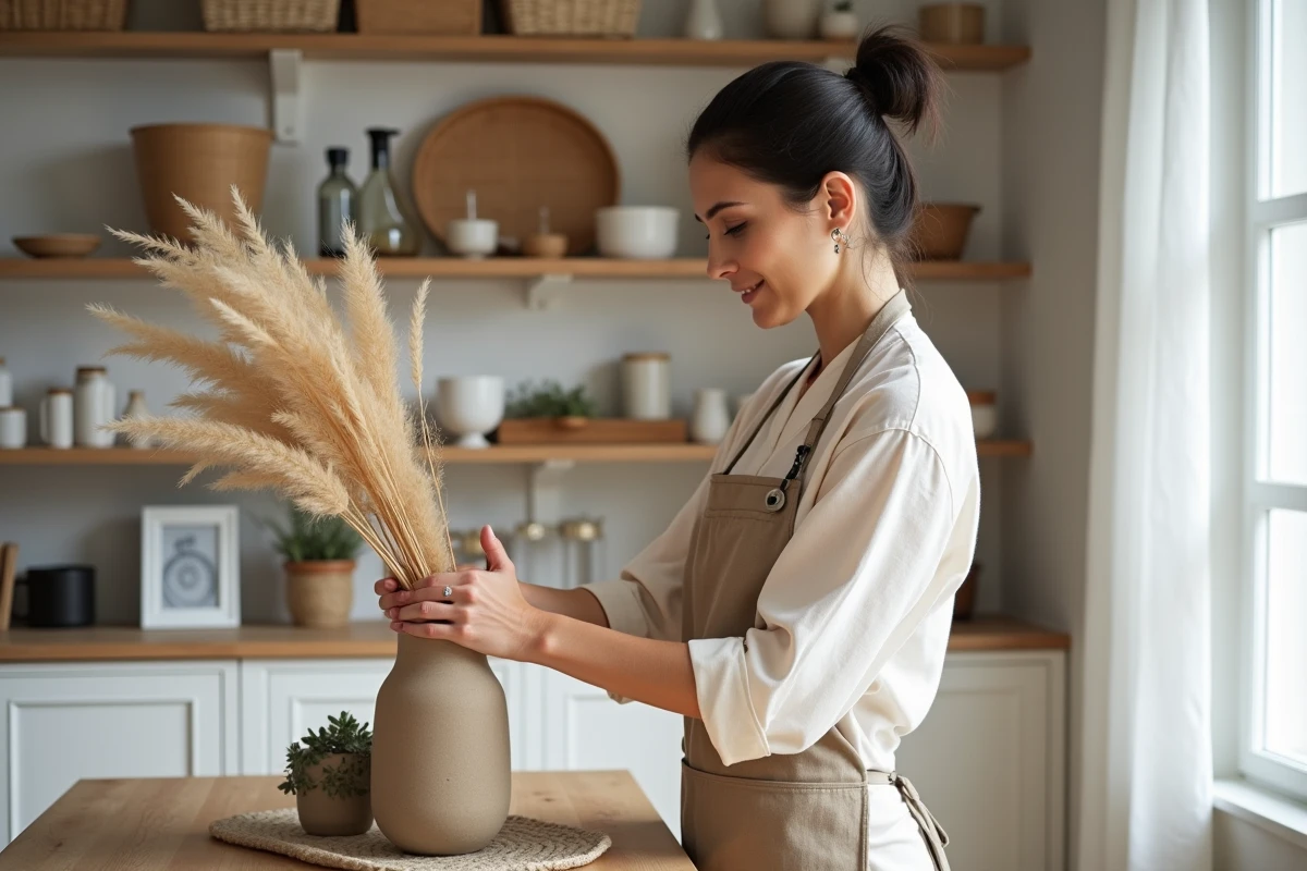 Femme arrangeant des herbes de pampa dans un vase céramique sur une console en bois dans un salon scandinave