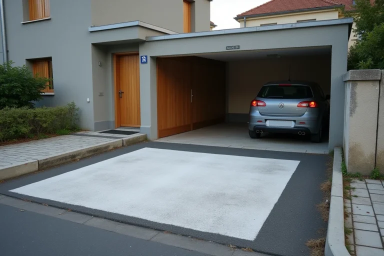 Dégagement de sortie de garage en France avec zone de stationnement interdit peinte sur la chaussée
