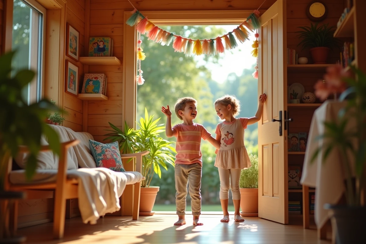 Deux enfants riant avec des guirlandes dans une cabane