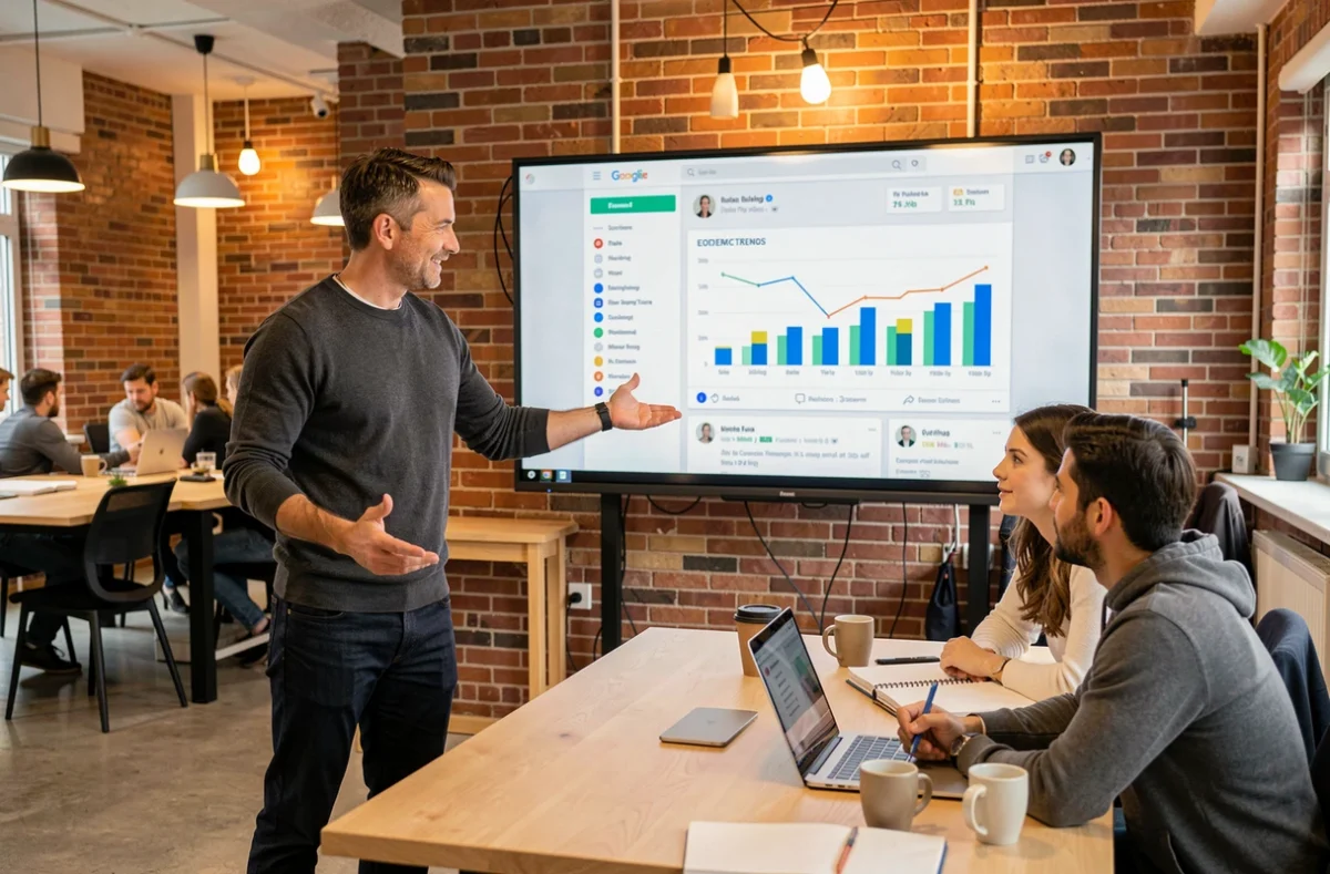 Équipe de professionnels analysant des tendances du commerce en ligne dans un espace de coworking