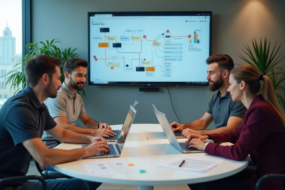 Équipe de professionnels collaborant autour d'un tableau de processus digitalisés lors d'une réunion de travail en entreprise