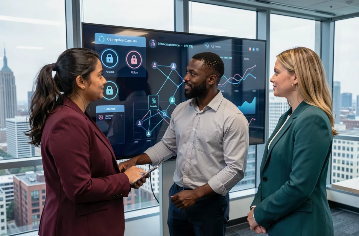 Équipe de professionnels analysant un tableau de bord de cybersécurité sur un écran interactif dans une salle de réunion moderne