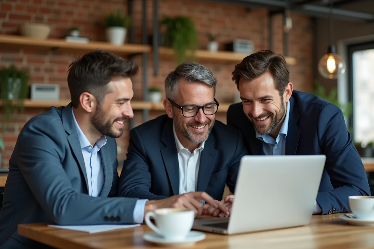 Équipe de professionnels collaborant autour d'un ordinateur portable dans un espace de coworking, symbolisant l'innovation et les nouvelles tendances en affaires