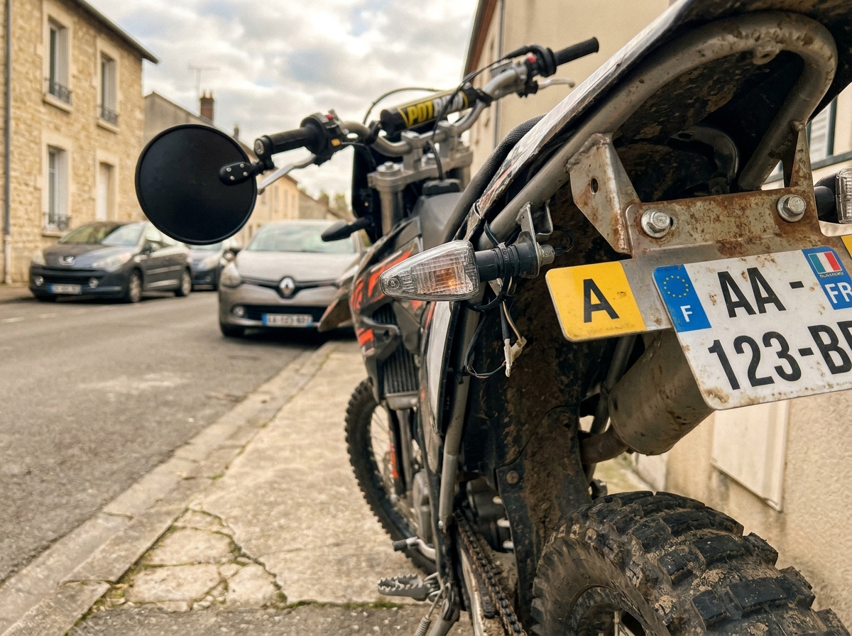 Détail des équipements obligatoires montés sur une moto cross pour circuler légalement sur route en France, plaque d'immatriculation et rétroviseur