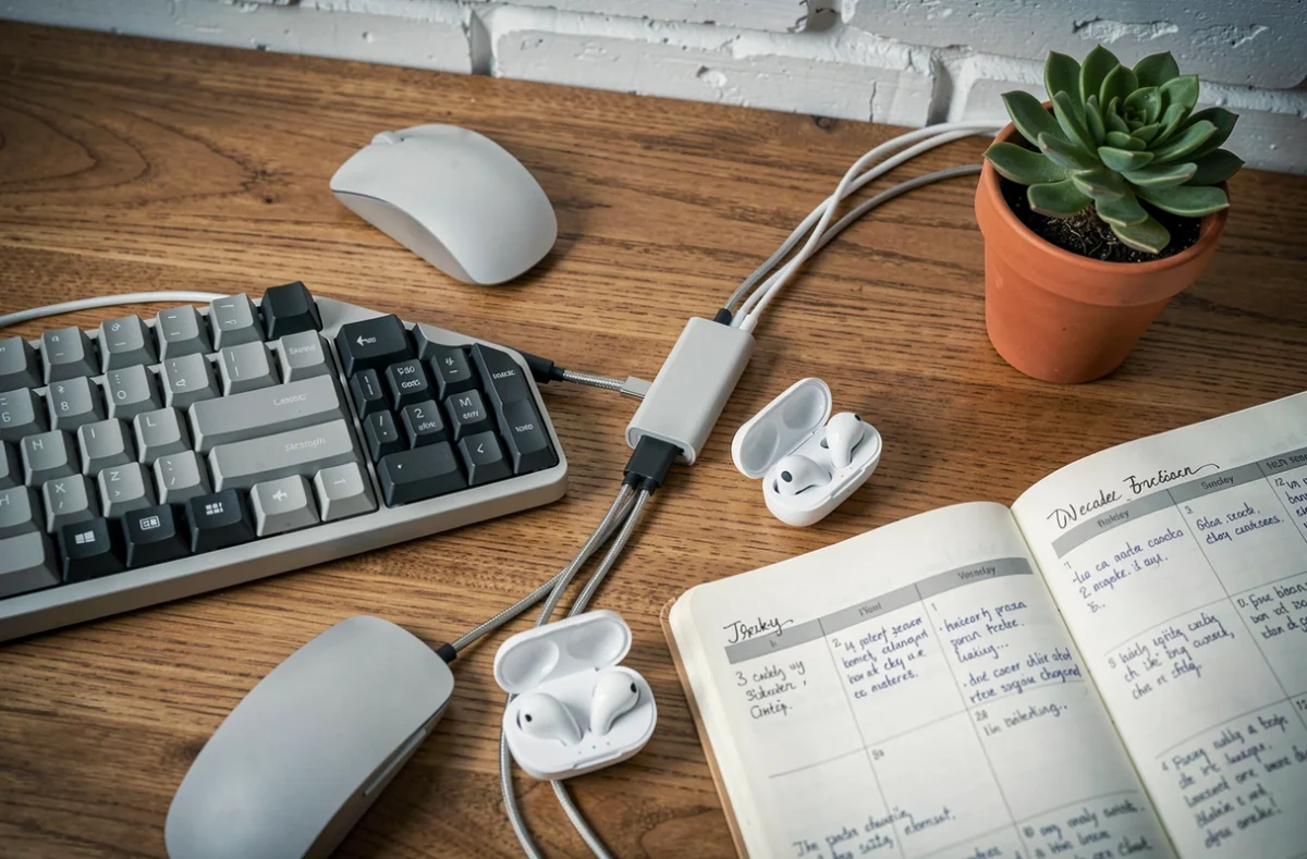 Flat-lay d'équipements de télétravail : clavier mécanique, station d'accueil USB-C, écouteurs sans fil, souris et agenda sur bureau en chêne