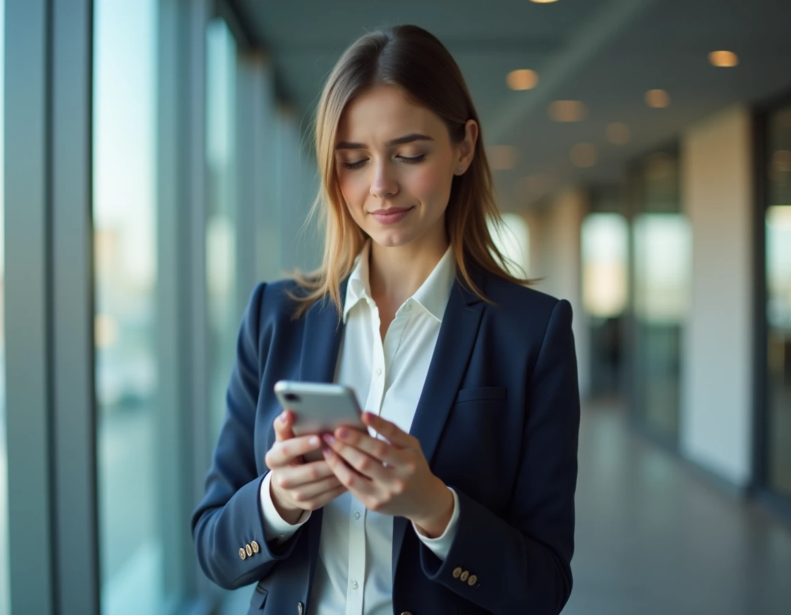 Femme tenant un smartphone affichant une erreur d'authentification dans un couloir de bureau moderne