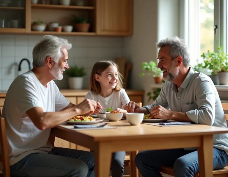 Couple de parents adoptifs dans la quarantaine partageant un repas avec leur jeune enfant adopté dans une cuisine familiale chaleureuse