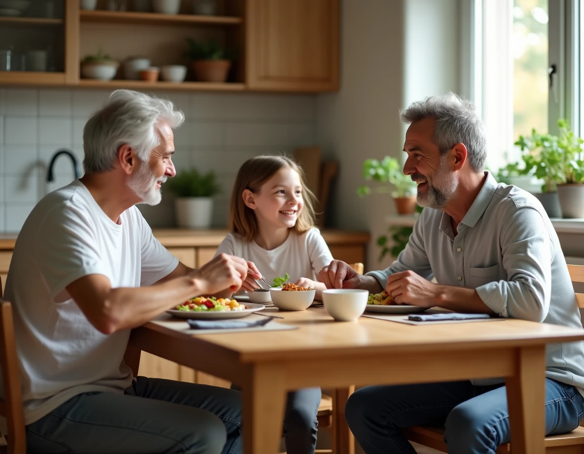 Couple de parents adoptifs dans la quarantaine partageant un repas avec leur jeune enfant adopté dans une cuisine familiale chaleureuse