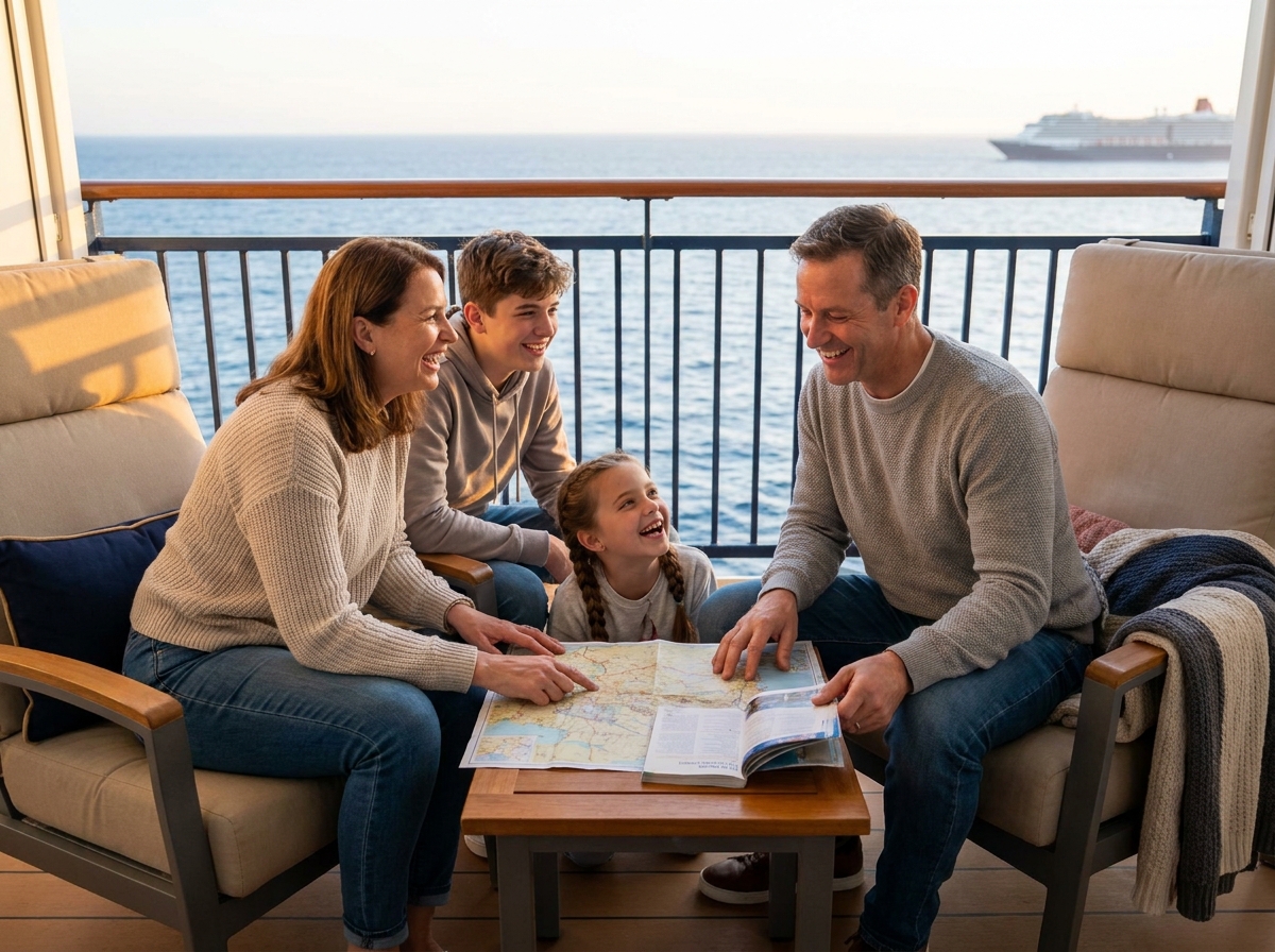 Famille sur un balcon de croisiere partageant une carte