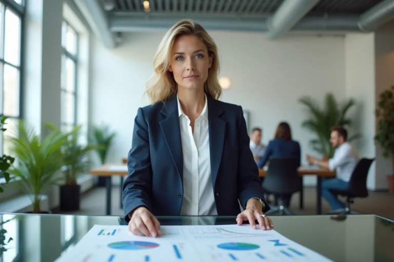 Femme d'affaires professionnelle analysant des graphiques dans un bureau moderne, illustrant les tendances et stratégies du monde des affaires