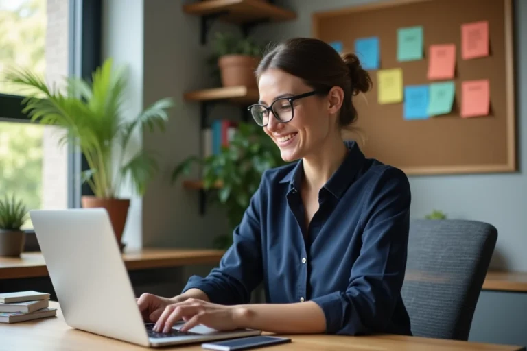 Femme souriante en bureau moderne pour autoreply