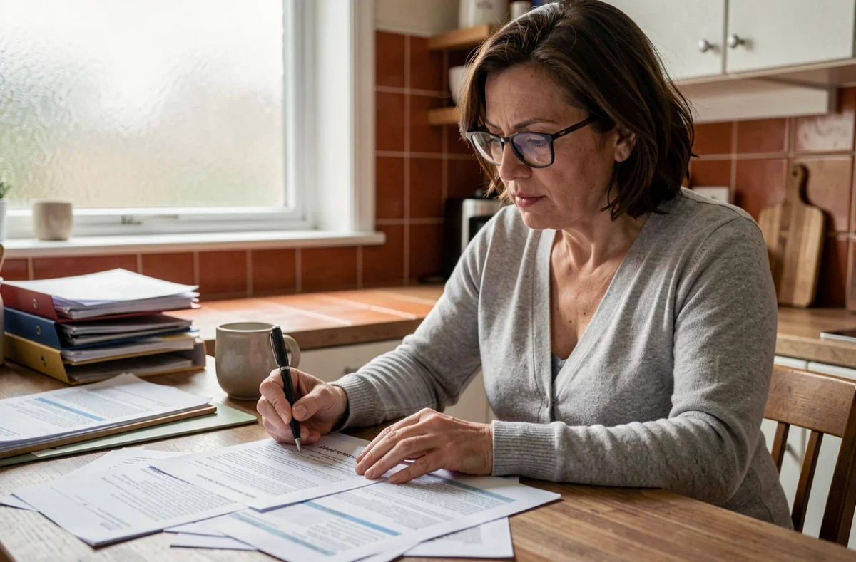 Femme comparant plusieurs devis de travaux imprimés sur une table de cuisine en bois