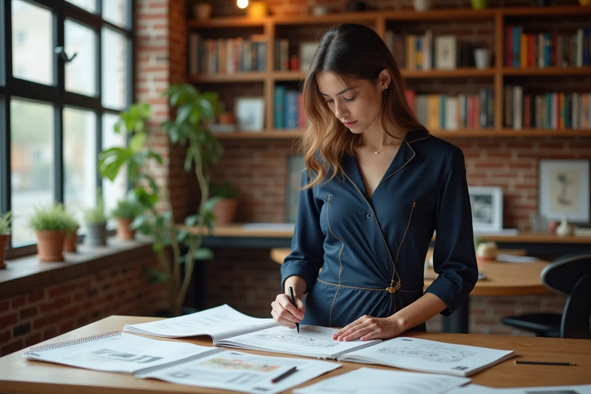 Jonge creatieve vrouw aan het werk in een artistieke loft met notitieboekjes en inspiratietekeningen