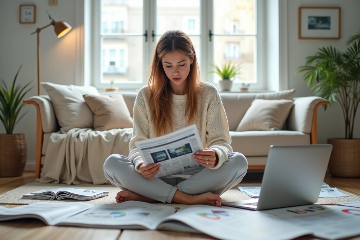 Jeune femme chez elle suivant les grandes tendances et informations en temps réel sur tablette et ordinateur portable