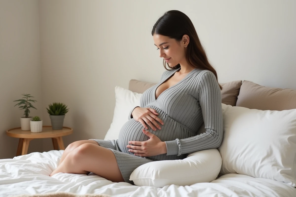 Femme enceinte allongée sur le côté dans un lit, la main posée sur le ventre, dans une chambre apaisante et lumineuse