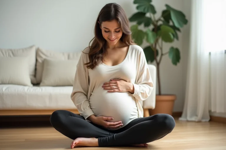 Femme enceinte au troisième trimestre assise sur le sol, les mains posées sur le ventre, souriant aux mouvements de son bébé