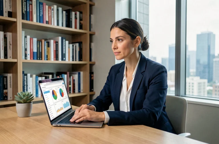 Femme entrepreneur travaillant sur son business en ligne depuis un bureau moderne à domicile