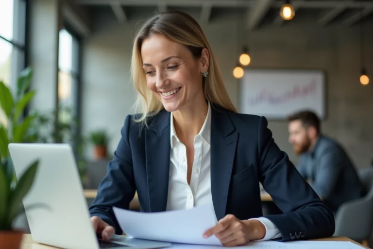 Femme entrepreneur en blazer marine travaillant sur un ordinateur portable dans un espace de co-working moderne, illustrant les offres du S Business Club pour développer son entreprise