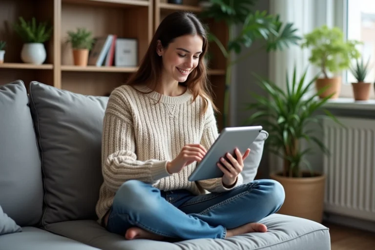 Jeune femme lisant un ebook sur une tablette dans son salon