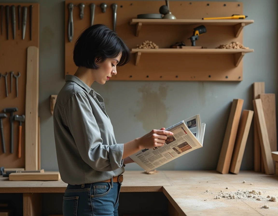 Femme parcourant un magazine de bricolage dans un atelier domestique bien rangé avec des outils accrochés au mur