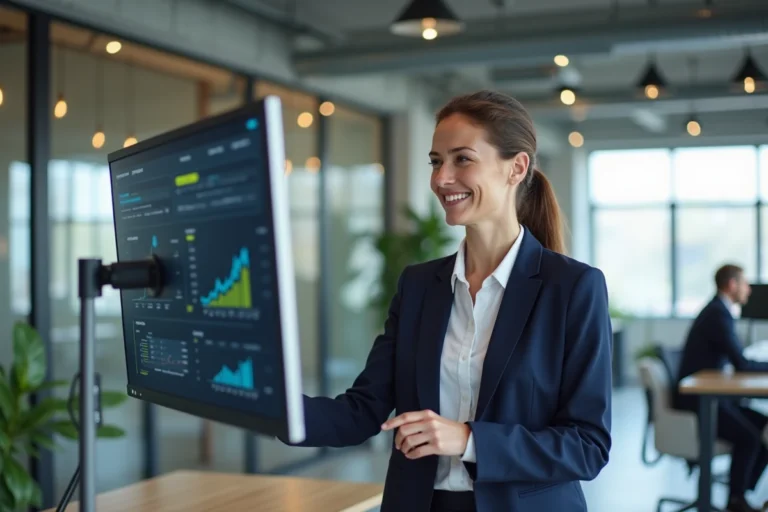 Femme manager analysant un tableau de bord numérique dans un bureau moderne pour optimiser la productivité de son entreprise grâce à la digitalisation