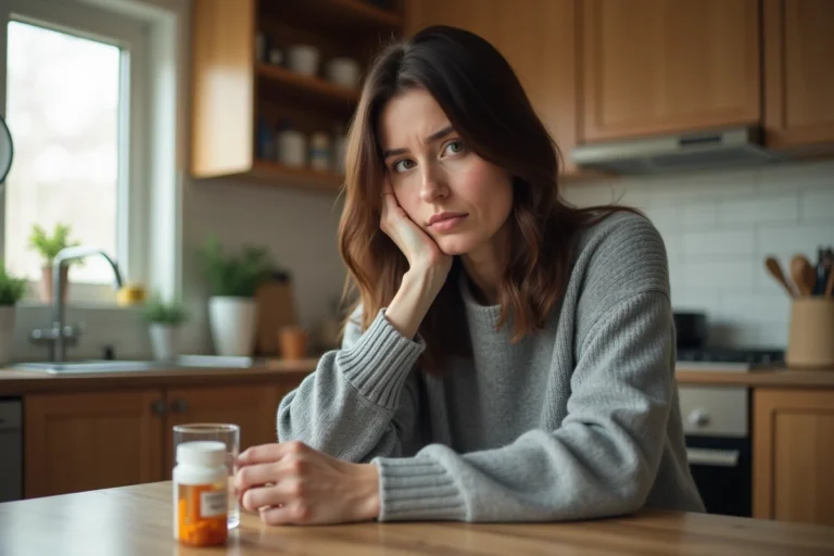 Femme tenant un verre d'eau et regardant un flacon de médicaments Stresam sur une table de cuisine, illustrant les effets secondaires et la perte de poids
