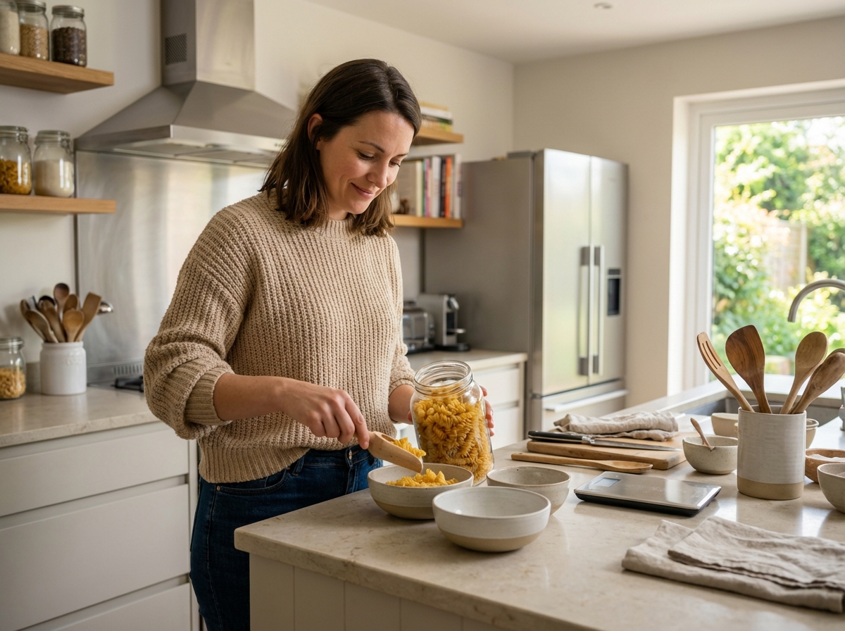 Jeune femme mesurant des pâtes dans la cuisine moderne