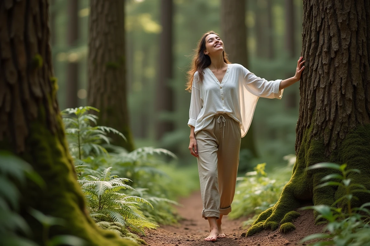 Jeune femme se ressourçant en forêt pieds nus contre un arbre pour améliorer son bien-être mental et physique
