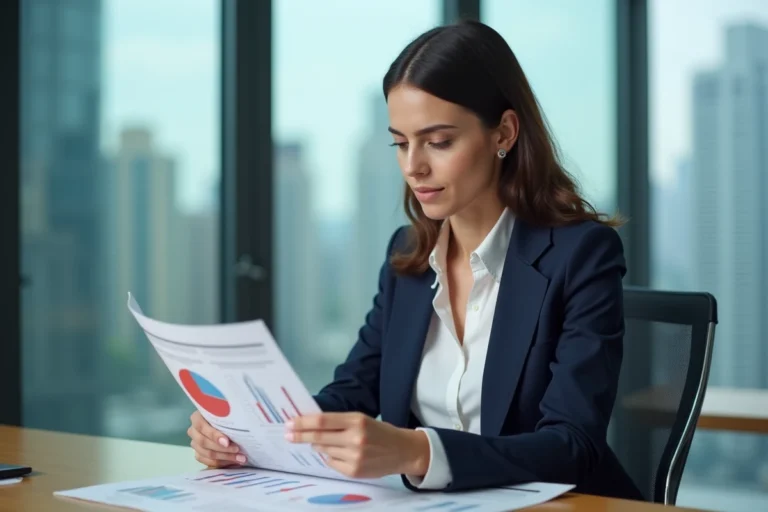 Femme en blazer navy examinant un rapport au bureau