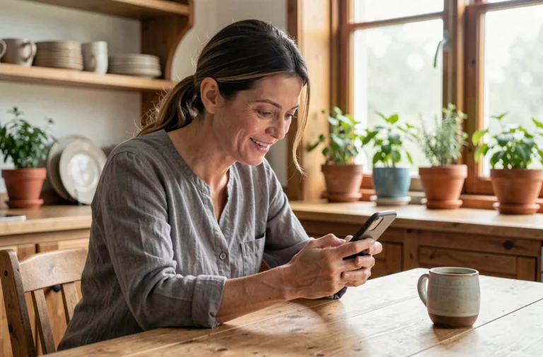 Femme jouant à un quiz sur la maison depuis son smartphone dans une cuisine moderne en bois