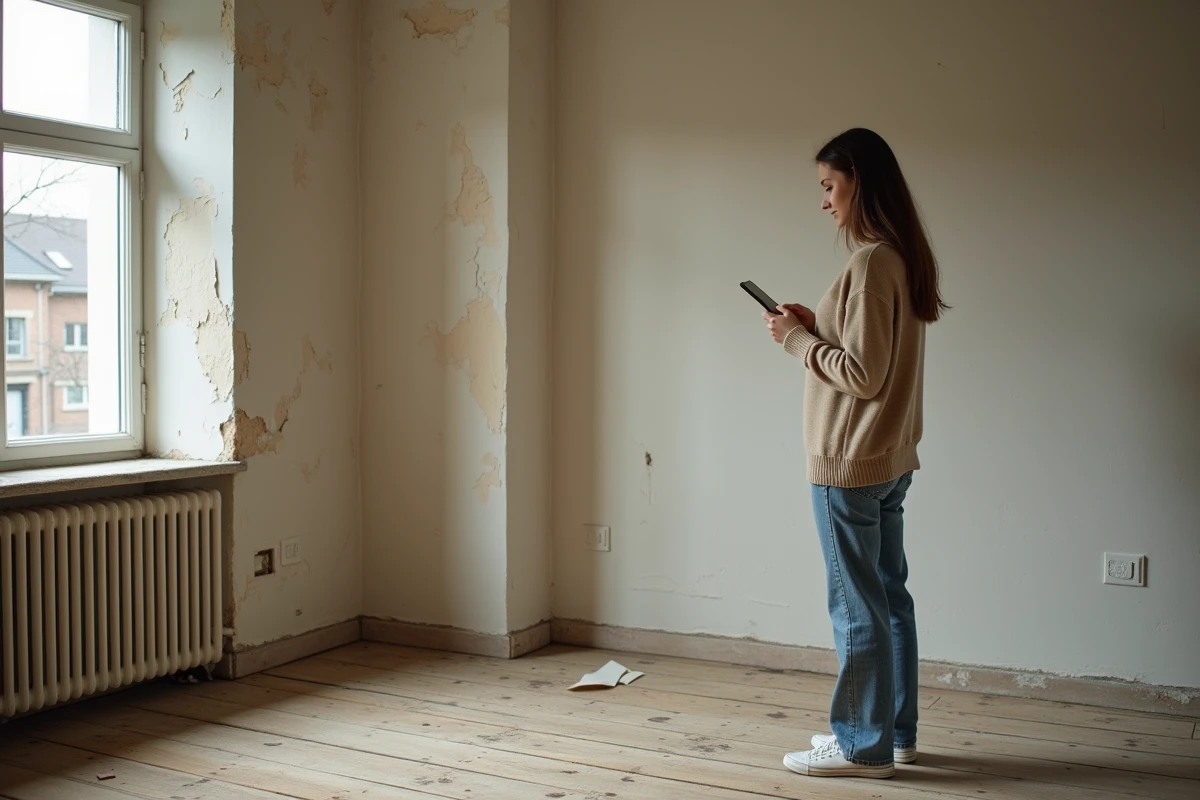 Jeune femme examine un mur en rénovation intérieur