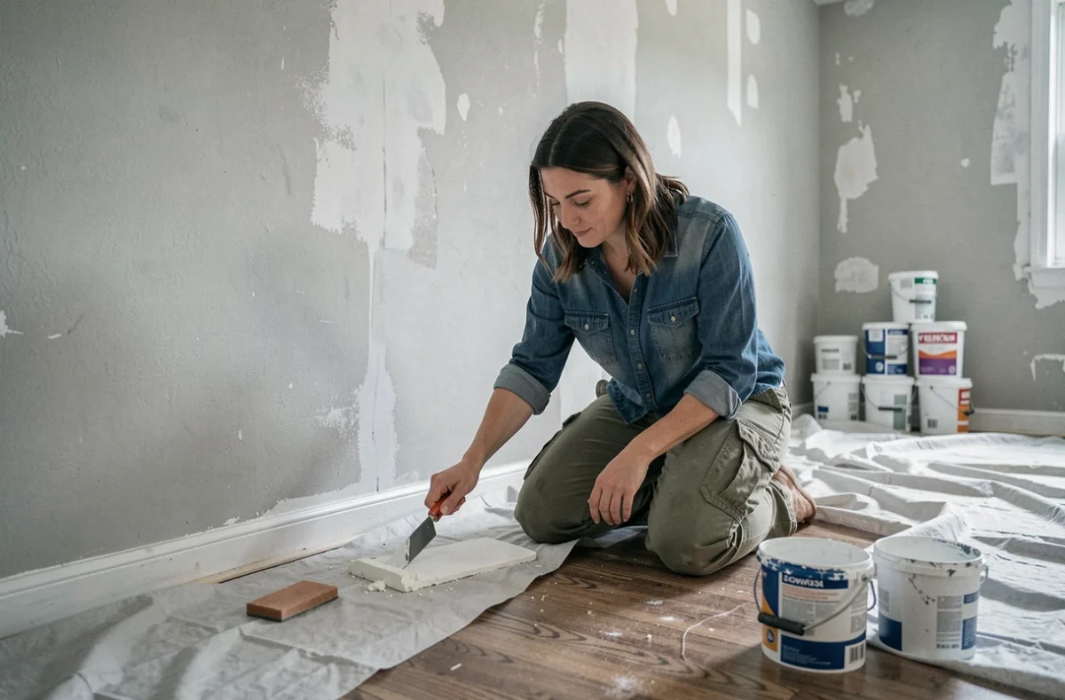 Femme rénovant un mur intérieur en appliquant de l'enduit avec une spatule lors d'un projet de bricolage maison