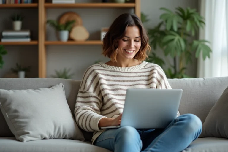 Femme détendue sur un canapé moderne avec ordinateur portable